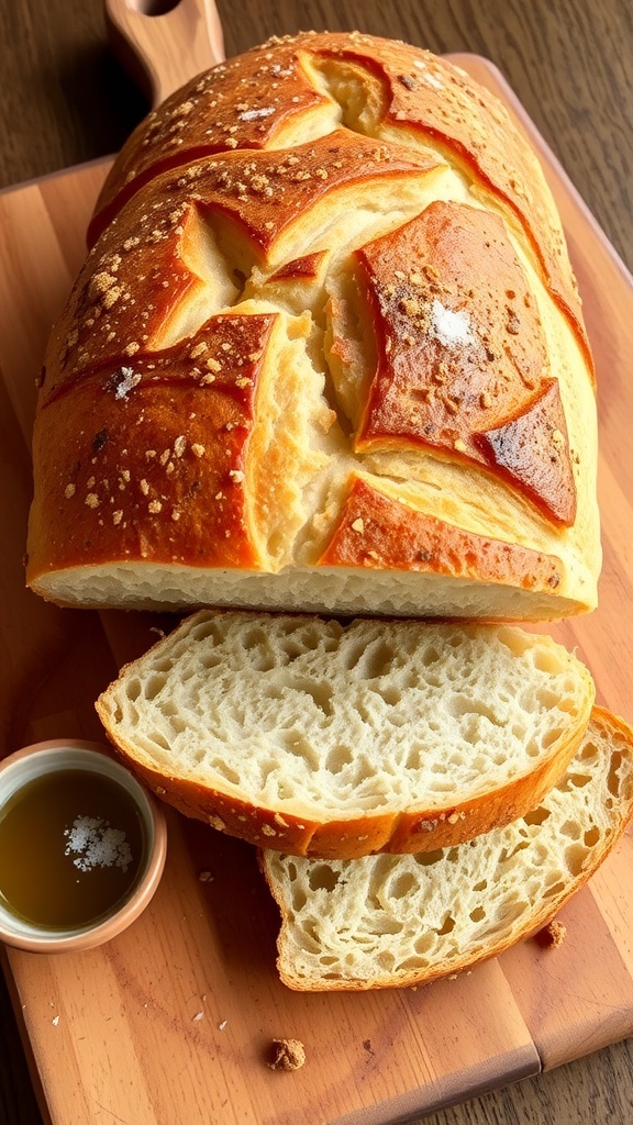 A crusty loaf of artisan bread on a wooden board, sliced to show its soft interior, with olive oil and salt.